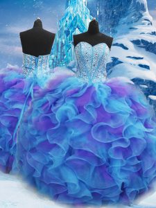 Blue Sleeveless Organza Lace Up Quinceanera Dress for Military Ball and Sweet 16 and Quinceanera
