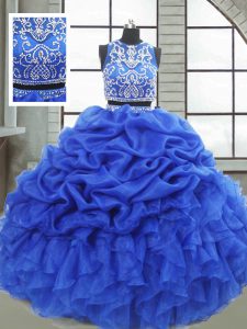 Captivating Sleeveless Organza Floor Length Zipper 15th Birthday Dress in Royal Blue with Beading and Ruffles and Pick Ups