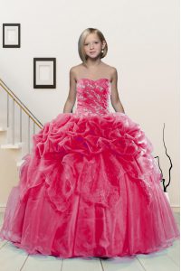Nice Hot Pink Ball Gowns Organza Sweetheart Sleeveless Beading and Pick Ups Floor Length Lace Up Girls Pageant Dresses