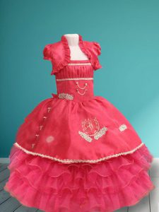 Coral Red Organza and Taffeta Lace Up Spaghetti Straps Sleeveless Floor Length Kids Pageant Dress Appliques and Ruffled Layers