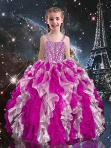Wonderful Floor Length Lace Up Girls Pageant Dresses Fuchsia for Quinceanera and Wedding Party with Beading and Ruffles