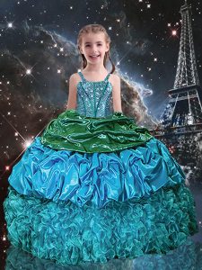 Pick Ups Floor Length Ball Gowns Sleeveless Aqua Blue Little Girls Pageant Gowns Lace Up