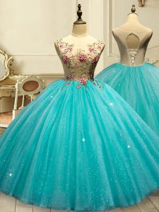 Inexpensive Aqua Blue Tulle Lace Up Quinceanera Gown Sleeveless Floor Length Appliques and Sequins