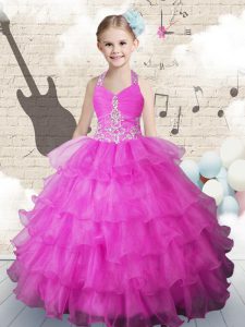 Discount Fuchsia Halter Top Lace Up Beading and Ruffled Layers Girls Pageant Dresses Sleeveless