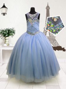 Scoop Organza Sleeveless Floor Length Pageant Gowns For Girls and Beading and Ruffles