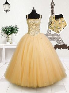 Orange Tulle Lace Up Pageant Gowns For Girls Sleeveless Floor Length Beading and Sequins