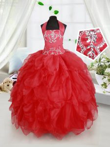 Charming Red Organza Lace Up Halter Top Sleeveless Floor Length Kids Formal Wear Beading and Ruffles