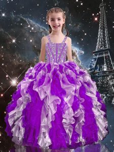 Eggplant Purple Organza Lace Up Straps Sleeveless Floor Length Little Girls Pageant Gowns Beading and Ruffles