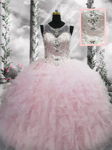 Floor Length Baby Pink Sweet 16 Dress Scoop Sleeveless Lace Up