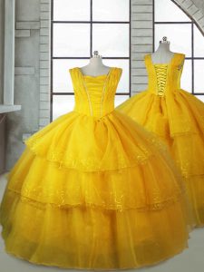 Attractive Organza V-neck Sleeveless Lace Up Ruffled Layers Little Girls Pageant Dress Wholesale in Gold
