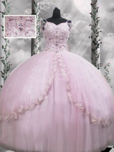 Great Tulle V-neck Cap Sleeves Brush Train Side Zipper Beading and Appliques Quince Ball Gowns in Lilac