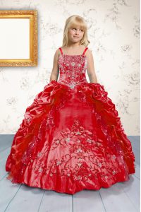 Trendy Spaghetti Straps Sleeveless Little Girls Pageant Dress Wholesale Floor Length Beading and Appliques and Pick Ups Red Satin