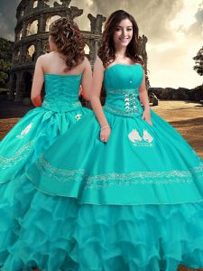 Turquoise Zipper Quinceanera Gown Embroidery and Ruffled Layers Sleeveless Floor Length