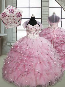 Best Baby Pink Spaghetti Straps Neckline Beading and Ruffles Child Pageant Dress Sleeveless Lace Up