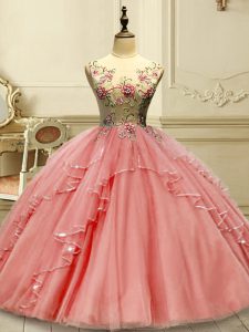 Watermelon Red Ball Gowns Appliques Sweet 16 Dresses Lace Up Tulle Sleeveless Floor Length