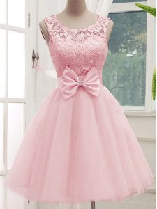 Glamorous Baby Pink A-line Tulle Scoop Sleeveless Lace and Bowknot Knee Length Lace Up Quinceanera Court Dresses