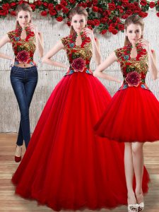 Glamorous Sleeveless Organza Floor Length Lace Up Quinceanera Gowns in Red with Appliques