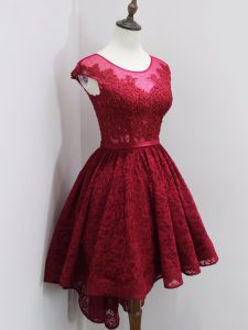 Beautiful Wine Red Lace Zipper Scoop Cap Sleeves High Low Dama Dress Beading and Lace