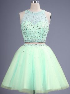 Customized Apple Green Two Pieces Scoop Sleeveless Tulle Knee Length Lace Up Beading Damas Dress
