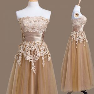 Appliques Quinceanera Dama Dress Brown Lace Up Sleeveless Tea Length