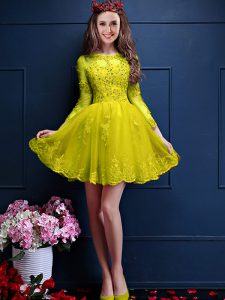 Mini Length Yellow Damas Dress Scalloped 3 4 Length Sleeve Lace Up