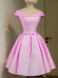 Eye-catching Lilac A-line Off The Shoulder Cap Sleeves Taffeta Knee Length Lace Up Belt Dama Dress