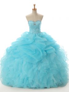 Aqua Blue Sweetheart Lace Up Beading and Ruffled Layers Ball Gown Prom Dress Sleeveless