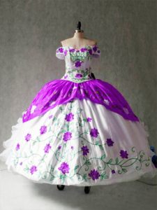 Smart White And Purple Lace Up 15th Birthday Dress Embroidery and Ruffles Cap Sleeves Floor Length