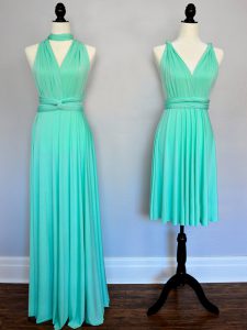 Low Price Turquoise Empire Chiffon V-neck Sleeveless Ruching Floor Length Lace Up Quinceanera Court of Honor Dress