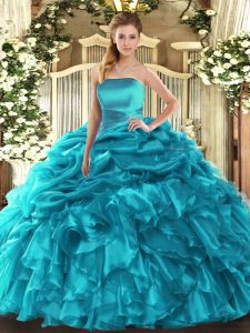 Strapless Sleeveless Lace Up Military Ball Gowns Teal Organza