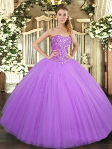 Flare Lilac Sleeveless Floor Length Beading Lace Up Vestidos de Quinceanera