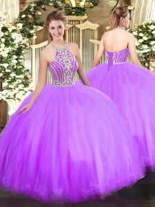 Superior Lilac Tulle Lace Up Halter Top Sleeveless Floor Length Quinceanera Gown Beading