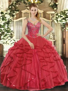 Floor Length Wine Red 15 Quinceanera Dress V-neck Sleeveless Lace Up