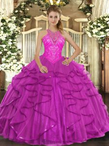 Beautiful Sleeveless Organza Floor Length Lace Up 15th Birthday Dress in Fuchsia with Beading and Ruffles