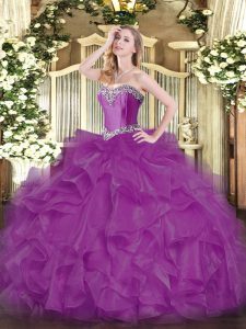 Fuchsia Sleeveless Organza Lace Up Quinceanera Dresses for Military Ball and Sweet 16 and Quinceanera