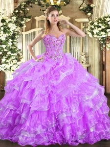 Simple Sleeveless Organza Floor Length Lace Up Quinceanera Gown in Lilac with Embroidery and Ruffled Layers