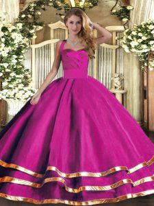 Sleeveless Tulle Floor Length Lace Up 15th Birthday Dress in Fuchsia with Ruffled Layers