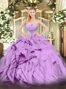 Colorful Lavender Sleeveless Floor Length Beading and Ruffles Lace Up Quinceanera Dress