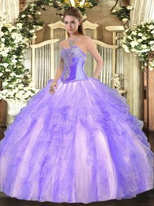 Lavender Sleeveless Tulle Lace Up Sweet 16 Quinceanera Dress for Military Ball and Sweet 16 and Quinceanera
