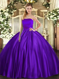 Purple Satin Lace Up Quince Ball Gowns Sleeveless Floor Length Ruching
