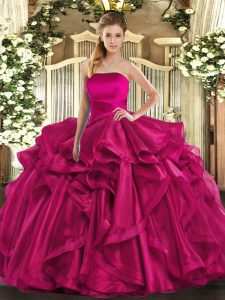 Fitting Hot Pink Sleeveless Organza Lace Up Quinceanera Dresses for Military Ball and Sweet 16 and Quinceanera