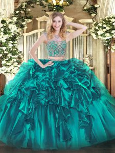 Suitable Teal Organza Lace Up Scoop Sleeveless Floor Length Quinceanera Gowns Beading and Ruffles