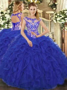 Sleeveless Floor Length Beading and Ruffles Lace Up Ball Gown Prom Dress with Royal Blue