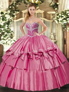 Hot Pink Organza and Taffeta Lace Up Sweetheart Sleeveless Floor Length Quince Ball Gowns Beading and Ruffled Layers