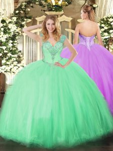 Dazzling Floor Length Lace Up Quinceanera Dress Apple Green for Military Ball and Sweet 16 and Quinceanera with Beading