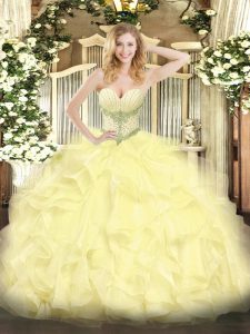 Luxury Floor Length Lace Up Quinceanera Gown Yellow for Military Ball and Sweet 16 and Quinceanera with Beading and Ruffles