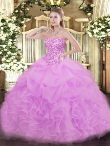 Fancy Lilac Ball Gowns Sweetheart Sleeveless Organza Floor Length Lace Up Lace and Ruffles and Pick Ups Quinceanera Gowns