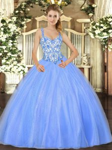 Smart Baby Blue Straps Neckline Beading and Appliques 15th Birthday Dress Sleeveless Lace Up