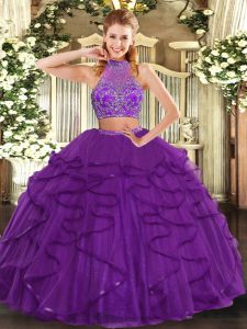 Fitting Floor Length Criss Cross Quinceanera Gown Purple for Military Ball and Sweet 16 and Quinceanera with Beading and Ruffled Layers