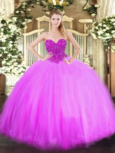 Sleeveless Tulle Floor Length Lace Up 15 Quinceanera Dress in Lilac with Beading